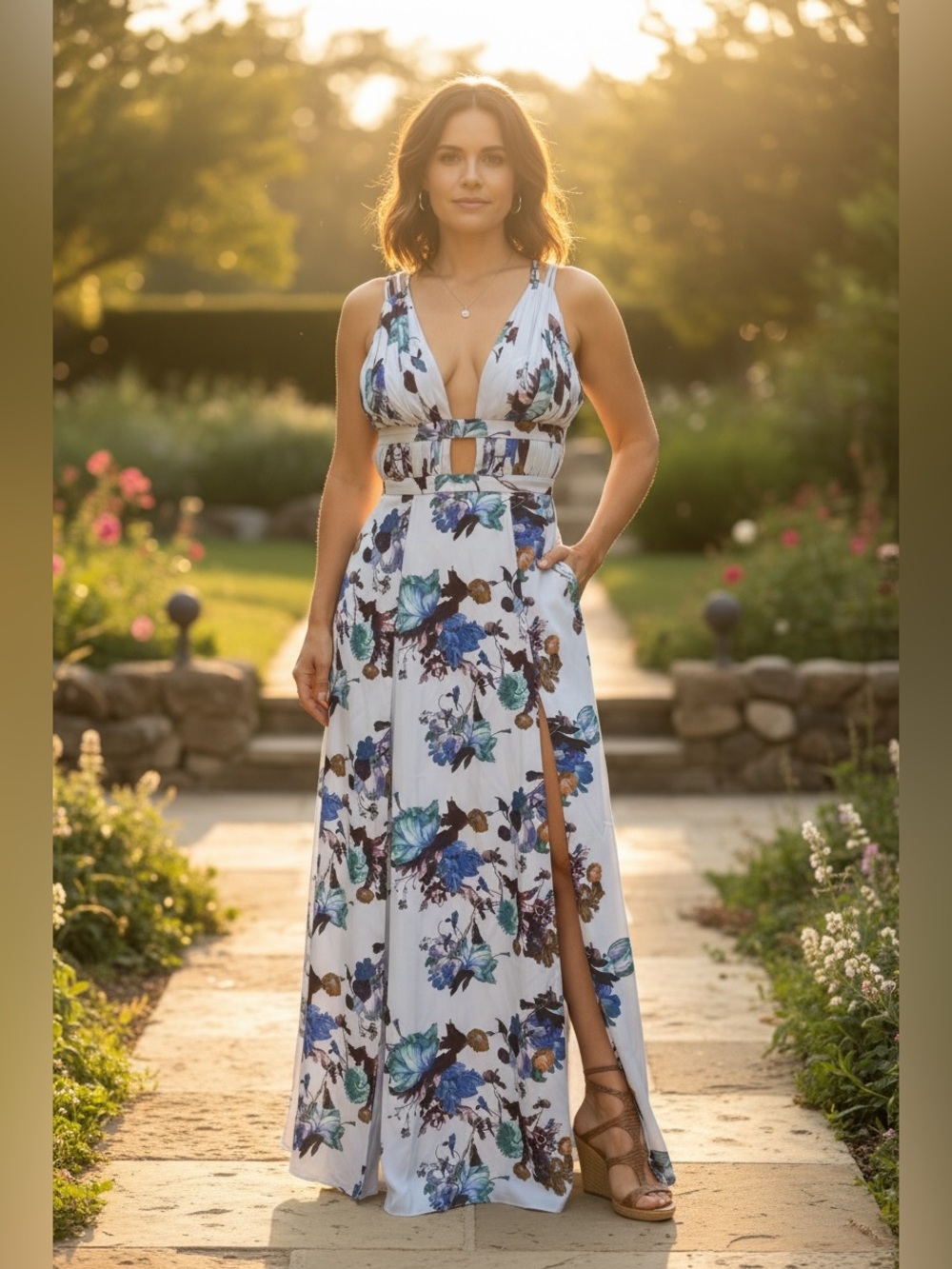 Fame and Partners Floral White & Blue V-Neck Maxi Dress